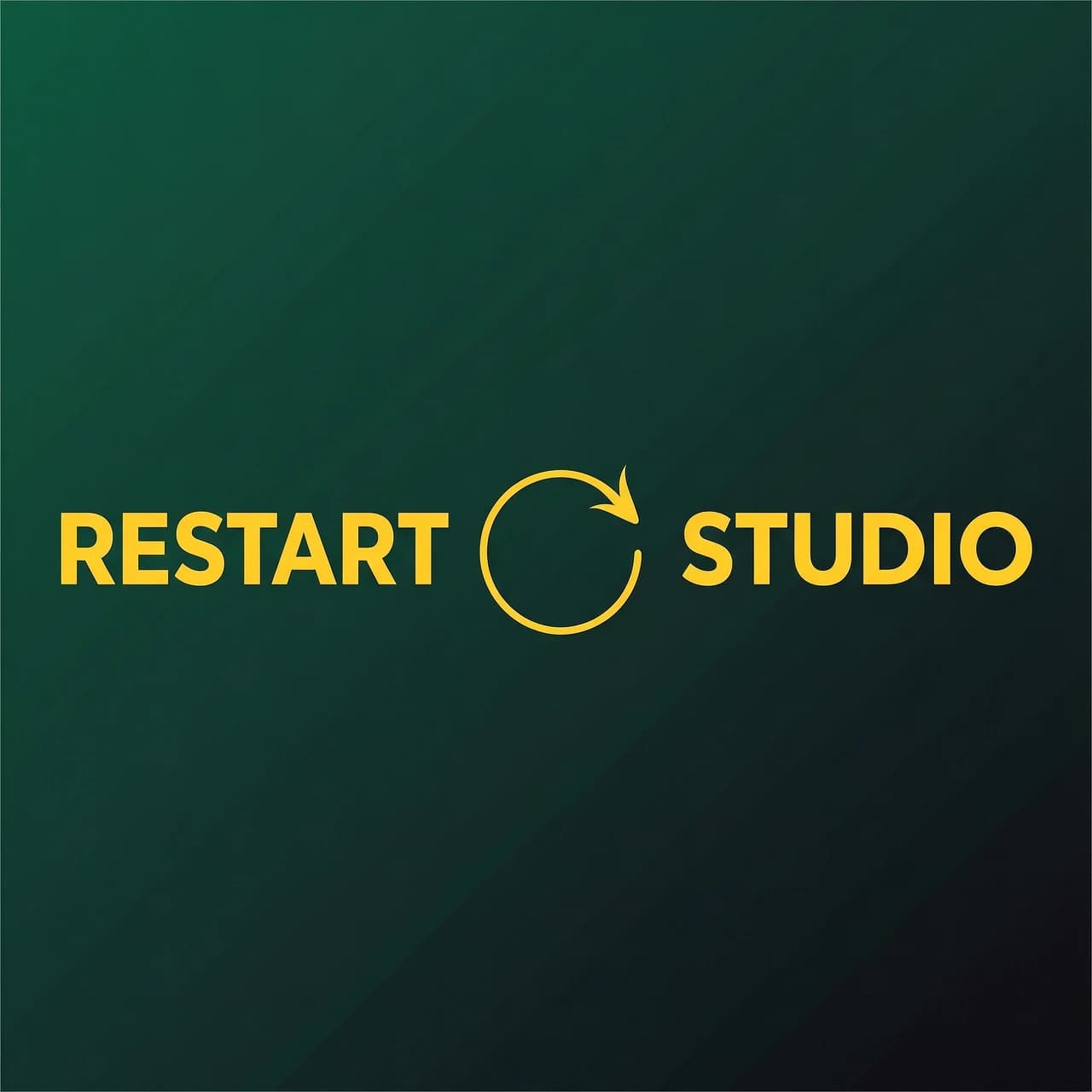 Логотип для студии детейлинга.
Название: RestArt Studio.
Композиция: слева "RestArt", по центру — знак перезагрузки, справа — "Studio". 
RestArt ⟳ Studio

Знак перезагрузки — круговая стрелка .
Наконечник стрелки в виде кисти выполнен в виде кончика художественной кисти: острая, изящная форма, как у кисточки для рисования.
Сама стрелка тонкая, графичная, без лишних деталей.
Рядом со стрелкой НЕ рисуется отдельная кисть — стрелка САМА является кистью.
Никаких брызг, мазков, капель, ворса.

Цвета:
- Фон: градиент изумрудный (#003D2E → #001A14)
- Текст и знак: ярко-жёлтые (#FFD700)

Шрифт: строгий, без засечек, жирный, заглавные.

Минимализм, плоский вектор, чистая композиция.