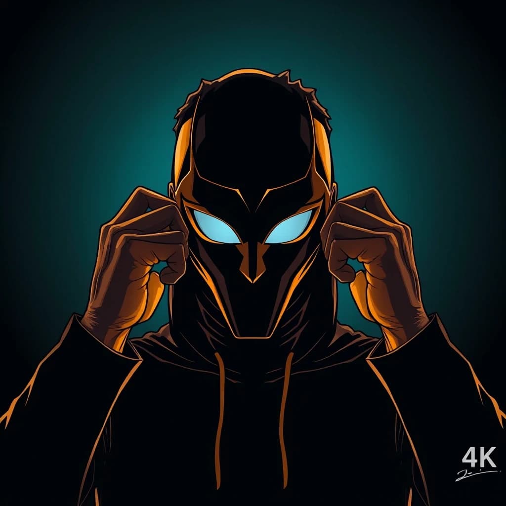 A human silhouette removing a golden mask, revealing a bright face underneath, comic book style with cinematic dramatic lighting, dark graphic novel aesthetic, bold black outlines, no text, no words, 4k