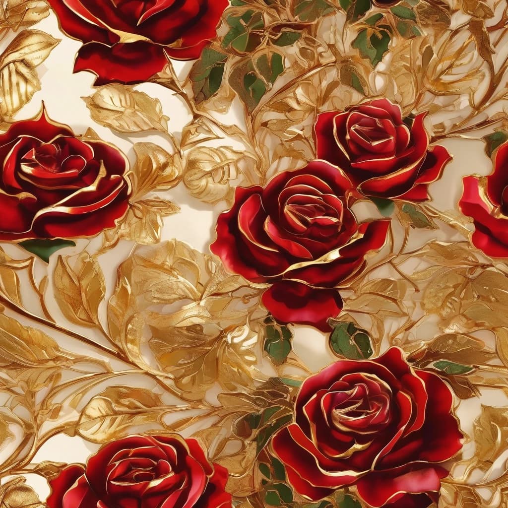 A digital image. Macro photography. A bouquet of red roses with dew on the petals. Gilding, gold, gold leaf, radiance. Golden patterns on the petals. Golden stem and leaves:: embossing, detailing. On a light background. Plateresque, modern, Palekh painting. Spectacular lighting, brilliance. High quality and high detail, hyper-realistic. The Watercolor style