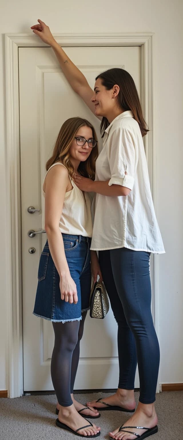 A vertical shot taken with a mobile phone camera: two friends are standing by the door in an ordinary Moscow apartment. Both of them are considered tall, and that’s the whole point — a tall woman with someone much taller.

On the left is Oksana, 32 years old, 190 cm tall: a relaxed pose, a slight smile, as if she’s capturing the moment for memory. She’s wearing a light top, a denim skirt, and open‑toed shoes; she has a handbag in her hand and glasses on her nose. Her gaze is directed at the camera, and her expression conveys a hint of surprised admiration. she is aware of the contrast and feels her growth in a new way for the first time.

On the right is Irina, 225 cm: . She's wearing a light blouse, leggings, flip-flops. Her gigantic height is immediately striking: she almost rests her head on the top edge of the frame, she is much taller than the door, and her shoulders occupy a significant part of the space.

The interior is typical for a Moscow apartment: a closet next to the door, a carpet with a discreet pattern on the floor; . Lighting — daylight from the window: ,

The main thing is to clearly show the difference in height: Irina is 35 cm taller than Oksana, and this isn’t a special effect — emphasize the difference in their heights.