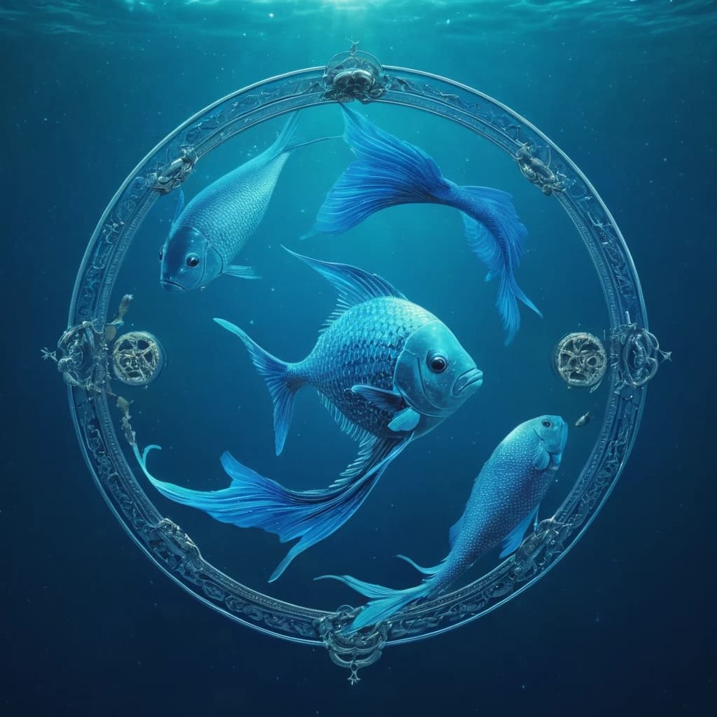 Pisces Zodiac Zign, the depiction is majestic and mysterious with blue colors prevalent, no people in the picture