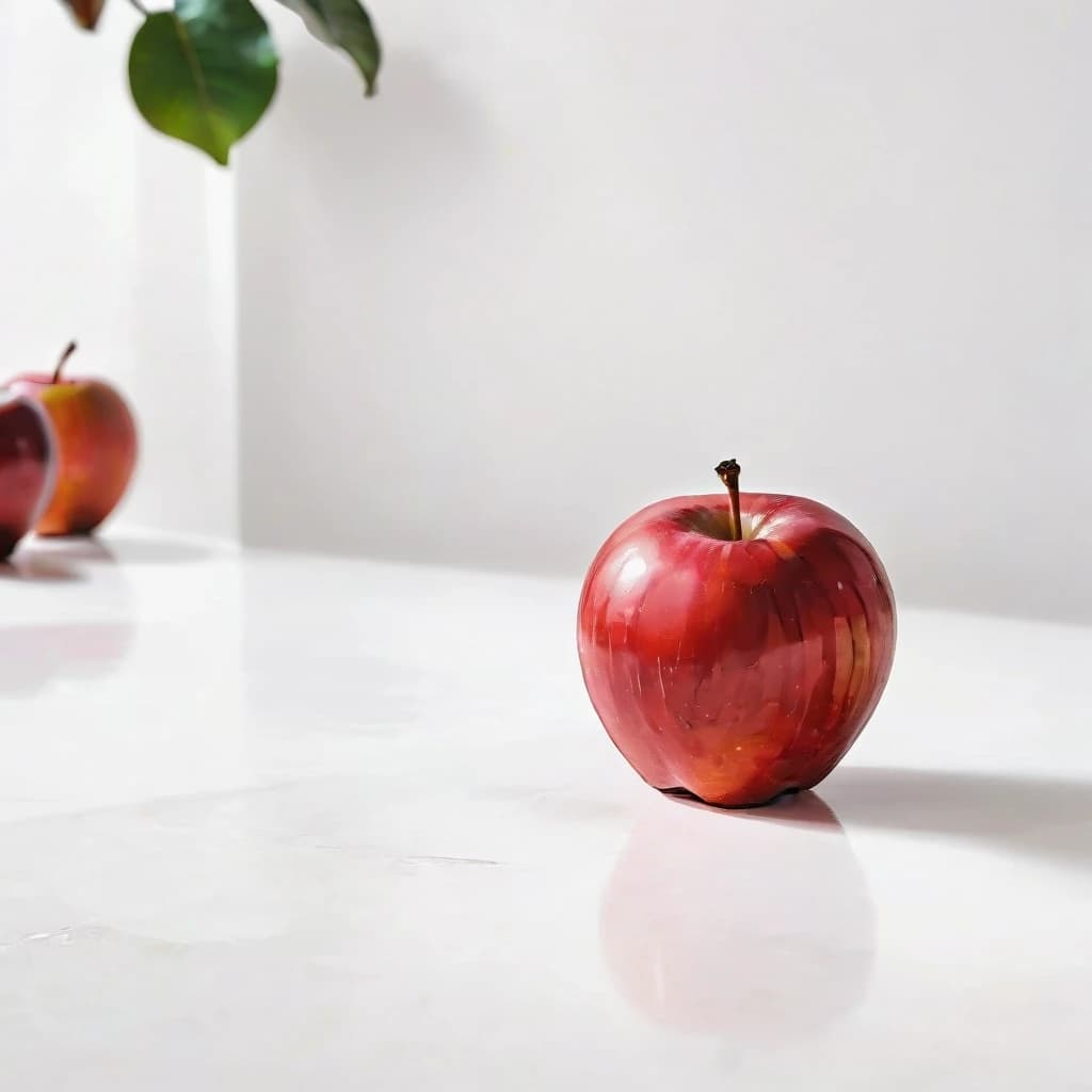 a red apple on a white table