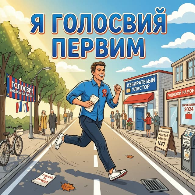 Create an illustration. On the street, there is a polling station. A man is running towards the polling station. Above the man is the inscription "I am voting first"