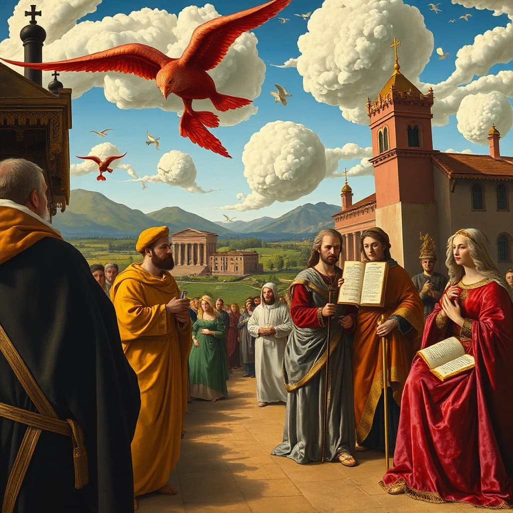art by Julio Larraz and Hans Holbein the Elder, ("The Empire of Conflux":1.1) , Very wide view, surreal realism, vibrant colors, narrative, dreamlike, Northern Renaissance painting, religious subjects, meticulous detail, lifelike portraiture, exquisite color, ambient background, delicate, fabulous colors, fine polished, sunny