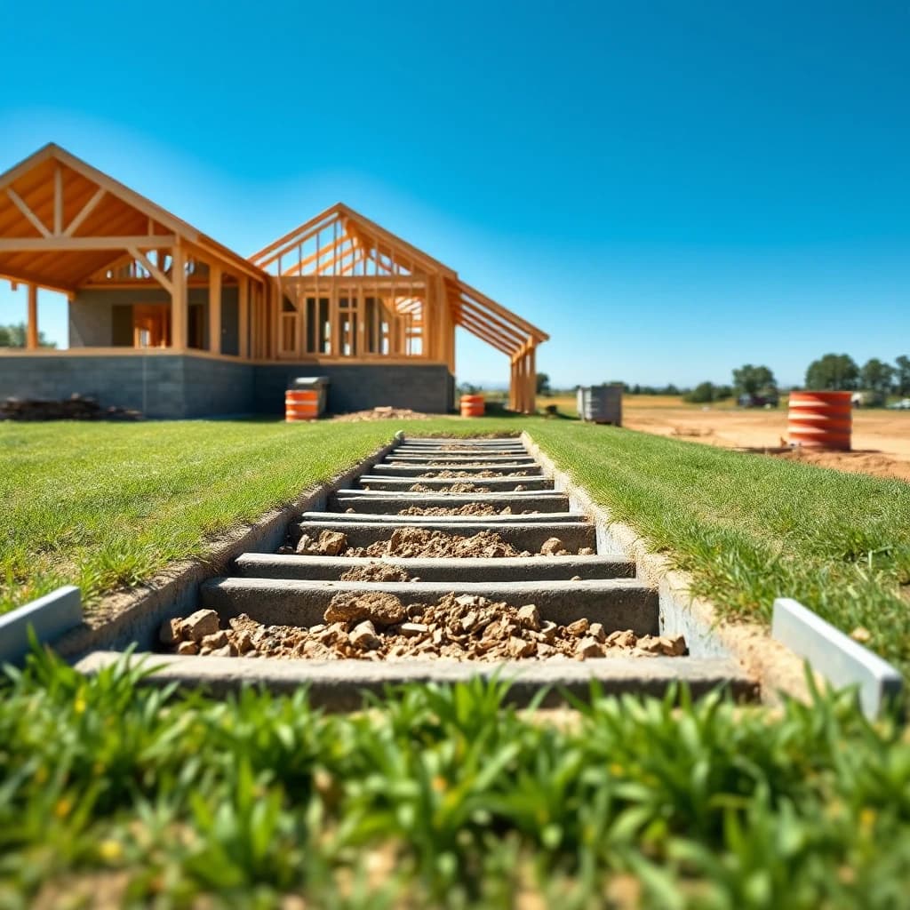 A crisp close-up shot of a newly installed professional concrete pile foundation or steel screw piles driven into the green grass ground for a house. Perfectly leveled foundation grid ready for timber construction. Clean construction site, bright sunny day, blue sky. Photorealistic, 8k resolution, highly detailed.