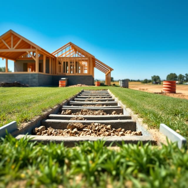 A crisp close-up shot of a newly installed professional concrete pile foundation or steel screw piles driven into the green grass ground for a house. Perfectly leveled foundation grid ready for timber construction. Clean construction site, bright sunny day, blue sky. Photorealistic, 8k resolution, highly detailed.