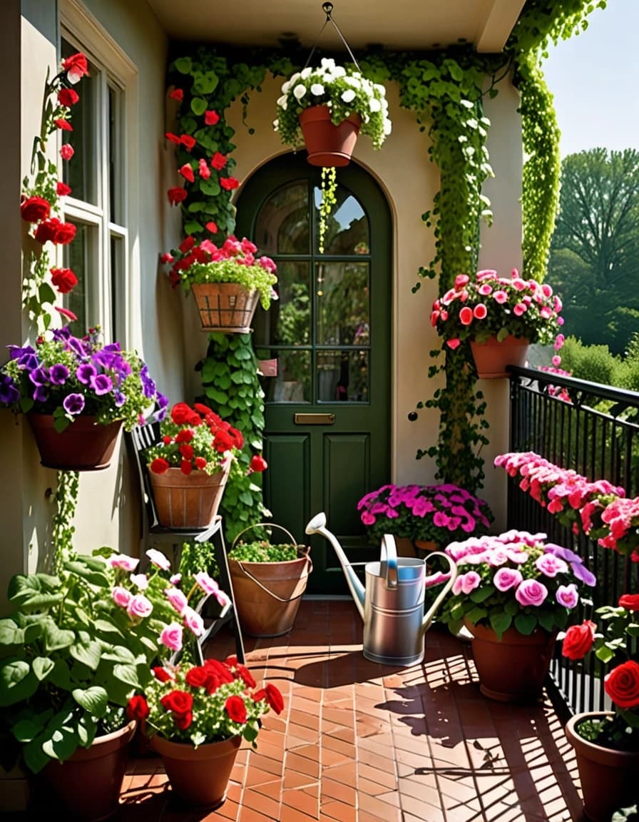 A breathtaking balcony transformed into a lush blooming garden. The owner stands among the greenery, watering flowers with a beautiful long-spouted watering can. Hanging baskets overflow with petunias, ivy trails down the walls, while roses, geraniums and lobelia bloom everywhere. Sunbeams filter through the leaves, creating beautiful patterns of light and shadow across the floor. A small wooden bench with a soft cushion sits among the flowers. Rooftops and a clear summer sky are visible in the distance. A dreamy yet realistic summer scene, like a private little paradise. Rich detail, photorealistic, volumetric sunlight, vertical format.