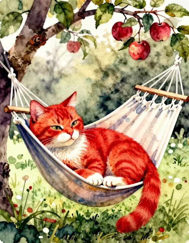 A masterpiece. Create an image. Watercolor painting style: ((Beautiful red cat):1.6 dozing in a hammock under the apple trees in the garden):1.6, clear edges, clear textures, volumetric composition, studio lighting, author's style, 8k resolution. High detail and clear texture. Intense close-up. High quality. Increased attention to small details. The aspect ratio is 3:4.