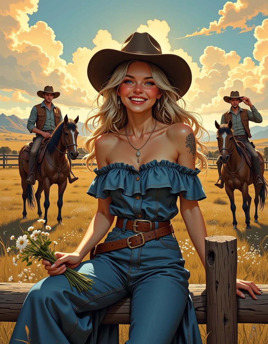 A masterpiece,  in the style of the 1980s, with bold lines, dynamic strokes and rich textures, on background with a touch of nostalgia, perhaps with subtle drawings inspired by cellulose and vintage, worn textures similar to paper, oil painting, Beautiful young woman, incredibly gorgeous with delicate facial features, laughing widely with bright blue eyes, soft freckles, full lips, long flowing wavy ash-blonde hair, wearing a cowboy hat, flawless skin, photorealistic airbrush style, hyper detailed, cinematic lighting. She sits playfully on a rustic wooden fence in a dreamy wild west landscape at golden hour, wearing an exquisite off-shoulder western dress made of blue denim with ruffled layers, delicate tattoo on her shoulder, wide leather belt with ornate buckle, detailed cowboy boots. She is widely smiling and winking at the viewer while holding a small bouquet of wildflowers in her hand, soft atmospheric light, intricate fabric and leather details. In the background behind her, two cowboys standing near horses by the fence, one leaning casually on a wooden post, the other adjusting his hat, wearing classic western outfits with cowboy hats, shirts and boots, detailed and realistic, dreamy wild west atmosphere, masterpiece, ultra realistic, 8k