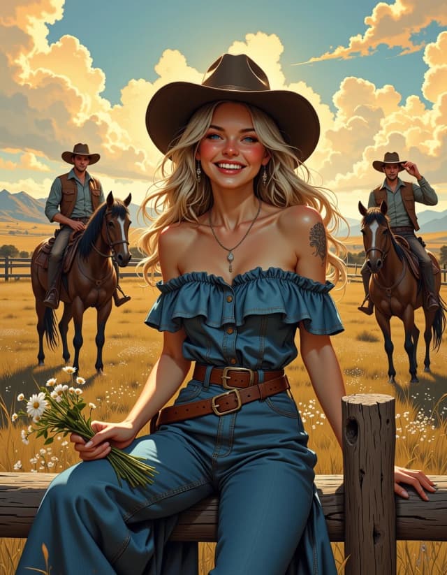 A masterpiece,  in the style of the 1980s, with bold lines, dynamic strokes and rich textures, on background with a touch of nostalgia, perhaps with subtle drawings inspired by cellulose and vintage, worn textures similar to paper, oil painting, Beautiful young woman, incredibly gorgeous with delicate facial features, laughing widely with bright blue eyes, soft freckles, full lips, long flowing wavy ash-blonde hair, wearing a cowboy hat, flawless skin, photorealistic airbrush style, hyper detailed, cinematic lighting. She sits playfully on a rustic wooden fence in a dreamy wild west landscape at golden hour, wearing an exquisite off-shoulder western dress made of blue denim with ruffled layers, delicate tattoo on her shoulder, wide leather belt with ornate buckle, detailed cowboy boots. She is widely smiling and winking at the viewer while holding a small bouquet of wildflowers in her hand, soft atmospheric light, intricate fabric and leather details. In the background behind her, two cowboys standing near horses by the fence, one leaning casually on a wooden post, the other adjusting his hat, wearing classic western outfits with cowboy hats, shirts and boots, detailed and realistic, dreamy wild west atmosphere, masterpiece, ultra realistic, 8k