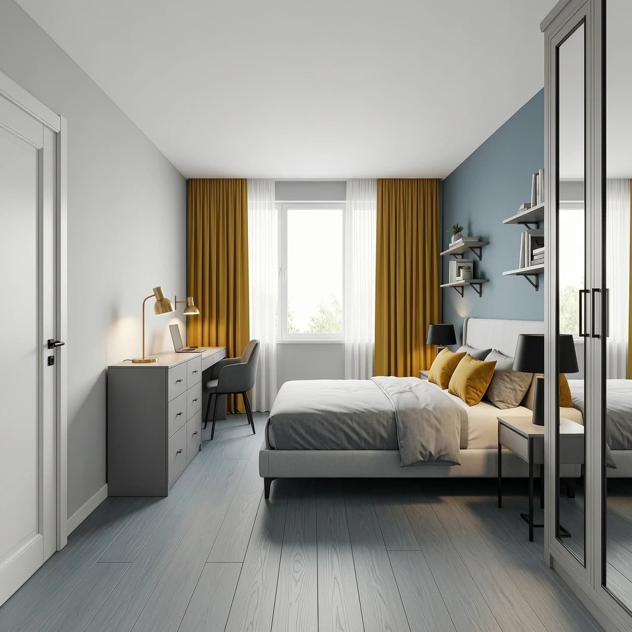 Interior design of a rectangular 11 sqm bedroom, view from the entrance door. Room size 3.9m width x 3.0m depth, ceiling height 2.7m. Upon entering, on the left is a small workspace with a desk and chair in the corner. On the right is an L-shaped built-in wardrobe with mirror doors in the corner. On the far wall is a large window with mustard yellow linen curtains and sheer white curtains. Against the far wall, centered under the window, is a double bed 160x200cm with a light grey upholstered headboard, white and grey bedding, two mustard yellow accent pillows and two grey pillows. On the left wall opposite the bed is a low grey dresser with a brass table lamp. On the right side of the bed is a small bedside table with a black matte lamp, and wall shelves above. Walls #D0D0D0 light silver-grey, one accent wall behind the headboard in #9DA1AA medium cold grey, floor #9DA1AA medium cold grey oak wood texture, cool grey, matte, minimal grain, white ceiling. Black matte hardware, brass reading light, warm 3000K lighting. Photorealistic, architectural visualization, soft daylight, clean minimal styling, no clutter, 8k, ultra detailed --ar 16:9 --style raw