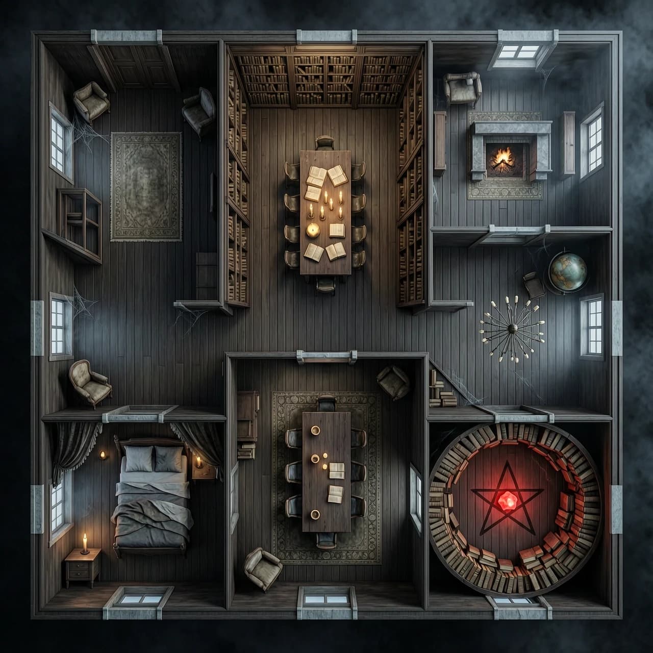 Photorealistic 3D architectural rendering, strict top-down 90-degree overhead view, looking straight down at a massive dark haunted gothic library mansion. The layout shows a complete floor plan with exactly 6 separate interconnected rooms with visible walls, shown as a 3D diorama. NOT a 2D blueprint, NOT a flat schematic.
Room 1 (Foyer): heavy oak double doors, a dusty entry rug.
Room 2 (Main Library): towering dark mahogany bookshelves against all walls, a giant central wooden reading table with melted candles and open books.
Room 3 (Private Study): a stone fireplace with dying embers, an antique armchair, and a celestial globe.
Room 4 (Dining Hall): a massive long dark wood table with 8 rotting chairs, a shattered chandelier lying on the floor.
Room 5 (Abandoned Bedroom): a dusty canopy bed with torn dark curtains, a small nightstand with a flickering candle.
Room 6 (Occult Sanctum): a circular room with a dark pentagram drawn on the floor, chaotic towers of ancient books, and a glowing eerie red stone.
Atmosphere: extremely dark, spooky, abandoned, cursed. Thick cobwebs in the corners, heavy floating dust particles. Cinematic horror lighting: deep black shadows, dim candlelight, volumetric fog, and patches of cold moonlight shining through a few small windows.
Textures and colors: deep blacks, ruined dark browns, and muted blood-red. Rich wooden floorboards, tattered rugs. Highly detailed 3D environment, Octane Render, Unreal Engine 5, photorealistic, volumetric lighting, masterpiece, 8k, --ar 4:3**
