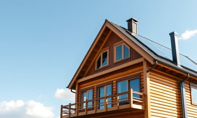 Ultra-wide panoramic architectural photography of a beautiful modern Scandinavian style wooden frame house with glossy solar panels on the roof. The house is positioned on the right side of the frame. The left side of the frame features a clean clear blue sky with soft white clouds, providing perfect empty negative space for website text overlay. Bright sunny day, professional real estate banner style, photorealistic, 8k resolution, highly detailed, sharp crisp textures.