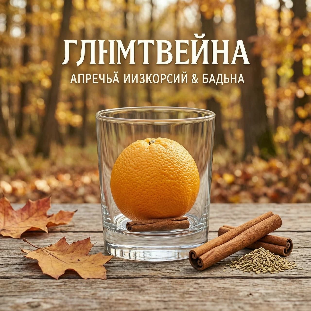 Сделай картинку для меню глинтвейна , в стакане без ручек в стакане должен лежать апельсин без палочки корицы и бадьяна, рядом со стаканом палочка корицы и бадьян, без палок ёлки, в осеннем стиле