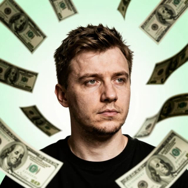 a close up of a poster with money flying around it,  dmitry prozorov style, album cover