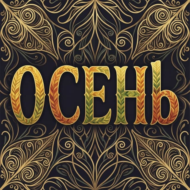 Digital image with double exposure and overlay of layers and textures. Vector graphics. The word "OCEHb" is made of gold, crimson and green skeletonized textured autumn leaves in various shades of yellow, orange, green and red. An unusual font made of autumn leaves. A very detailed and impressive font. Font and background contrast, fading, gradient. Background: a lot of dark with light ornaments. Delicate elements of the floral pattern. Gothic, decorative style, Art Nouveau. Abstract vector fractal pattern, Zentangle, Gothic, dark art. In the style of Alphonse Mucha, Gustav Klimt, Aubrey Beardsley and Roman Tirtov. High level of detail.