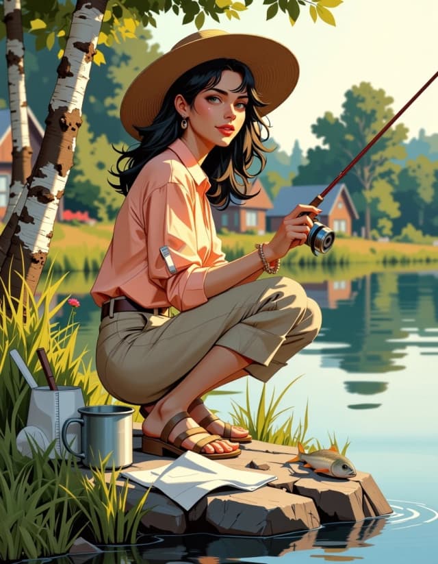 A masterpiece,  in the style of the 1980s, with bold lines, dynamic strokes and rich textures, on background with a touch of nostalgia, perhaps with subtle drawings inspired by cellulose and vintage, worn textures similar to paper,oil painting, A warm, photorealistic lakeside portrait of a smiling woman crouched on a flat rock by a calm lake, wearing a wide straw hat, light peach blouse with rolled sleeves, beige cropped pants and woven sandals, holding a spinning fishing rod angled toward the water; foreground details include a freshly caught fish lying on the rock beside a white measuring ruler, an enamel mug, a small metal bucket with water, and a soft textured towel; lush green reeds and wildflowers frame the edge, birch trunks and rustic wooden cottages sit softly blurred in the midground; late-morning golden sunlight creates warm tones, soft rim light on hair and hat, gentle reflections and ripples on the water, natural shadows; composition: shallow depth of field, crisp detailed foreground textures (skin, fabric, wood, scales), creamy bokeh background, cinematic color grading, high resolution, realistic lighting and filmic atmosphere. celshading, simple background