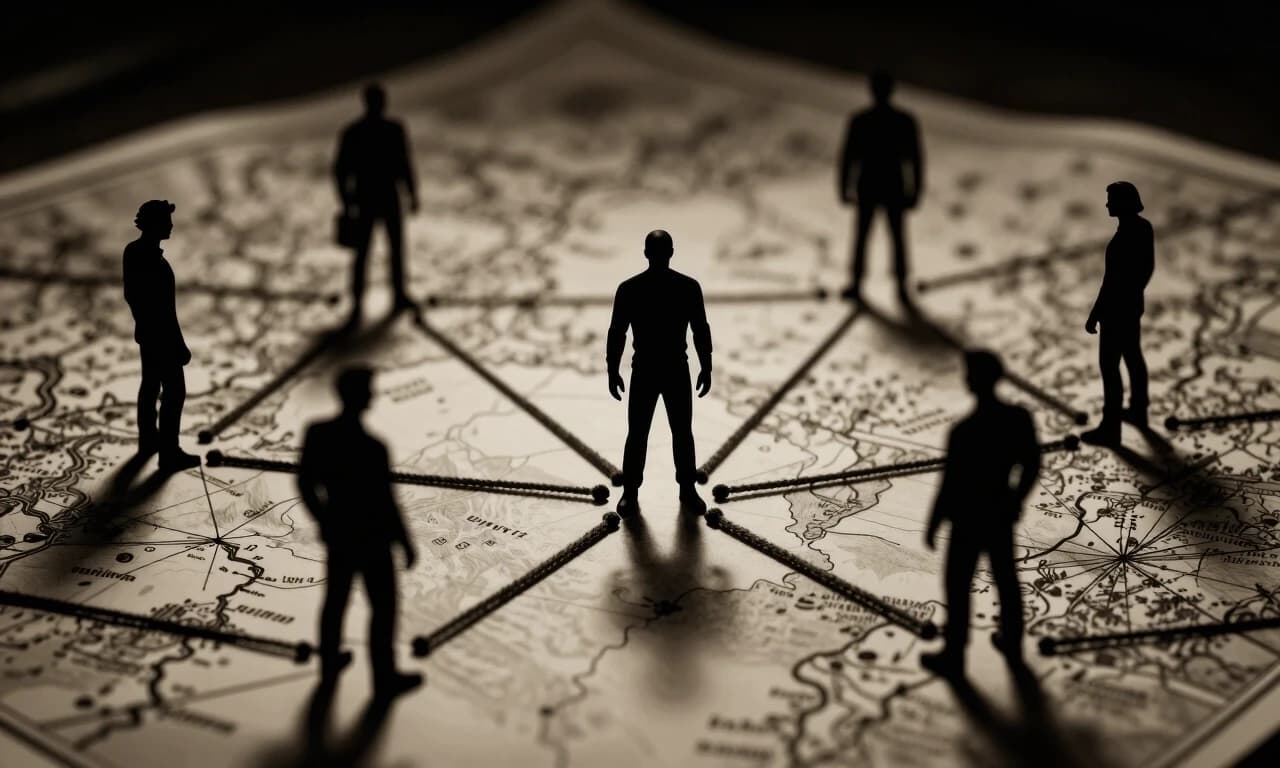 Conceptual image, silhouettes of several shadowy fictional figures connected by string on a map, spy network concept, dark moody atmosphere, sepia