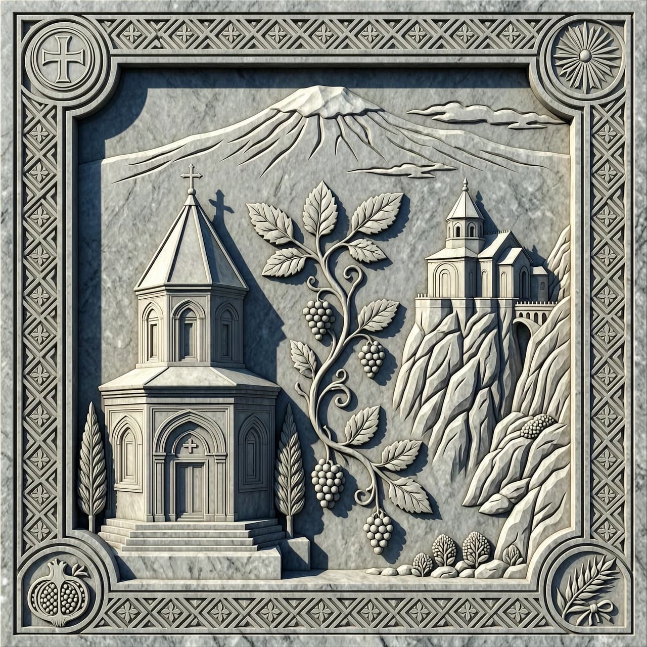 A realistic bas-relief carved in granite for a memorial plaque. The composition shows two Armenian churches: Saint Gayane Church on one side and Tatev Monastery on its iconic cliff on the other. They are visually connected by a stylized vine. In the distant background, the silhouette of Mount Ararat. The entire scene is framed by a traditional Armenian geometric ornament. Detailed texture, dramatic lighting to emphasize the 3D relief.