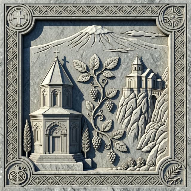 A realistic bas-relief carved in granite for a memorial plaque. The composition shows two Armenian churches: Saint Gayane Church on one side and Tatev Monastery on its iconic cliff on the other. They are visually connected by a stylized vine. In the distant background, the silhouette of Mount Ararat. The entire scene is framed by a traditional Armenian geometric ornament. Detailed texture, dramatic lighting to emphasize the 3D relief.