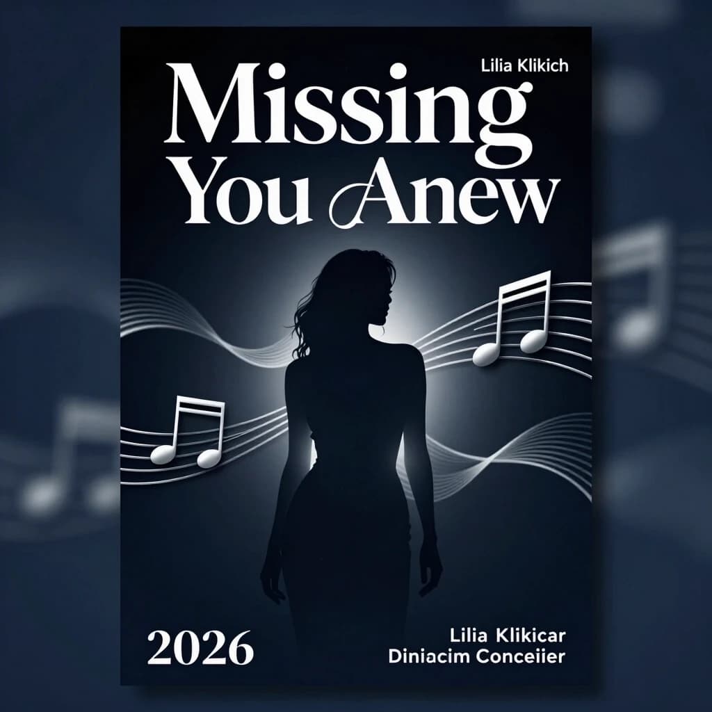 Poster design for music premiere, dramatic yet hopeful atmosphere, Lilia Klikich concert poster, "Missing You Anew" song title, cinematic aesthetic, dark blue and silver color palette, elegant typography, female vocalist silhouette in center, musical notes as visual elements, modern minimalistic design, high contrast, glossy finish, vertical format, 4K quality, professional poster layout, 2026 year style

Additional details:
- Sophisticated font for song title
- Elegant cursive for artist name
- Subtle light effects
- Musical wave patterns in background
- Date and premiere info in bottom corner
- High resolution details
- Premium quality print standards