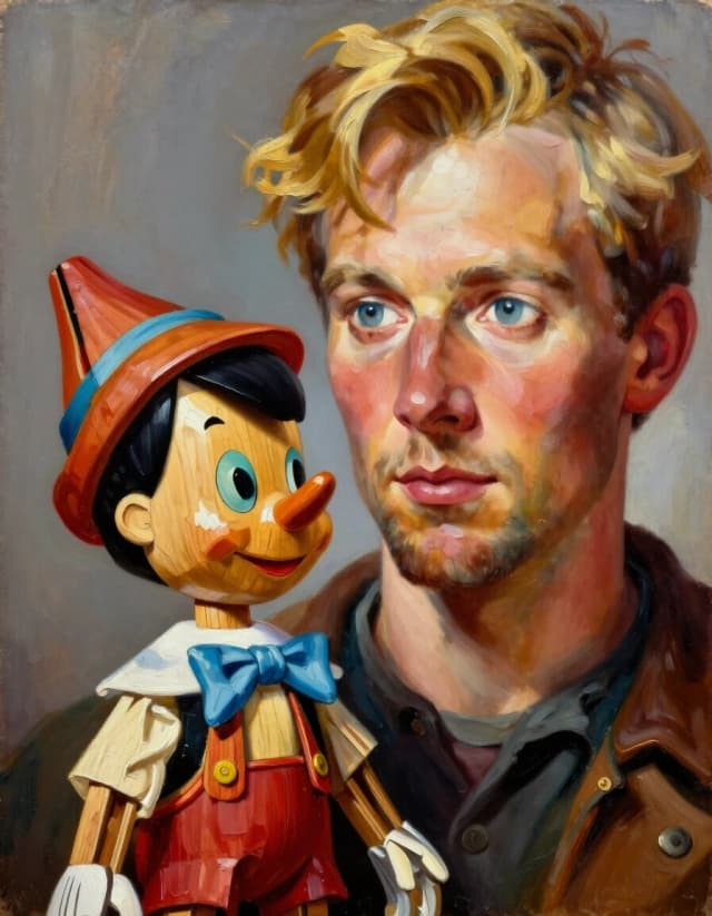 A masterpiece. Style:oil painting. (Image. A handsome traveling puppeteer, blond, clear features and expressive eyes, with a wooden Pinocchio puppet.):1.8. Intense close-up. High quality. High resolution. Increased attention to the fine details and texture of the wooden Pinocchio. The artist is Russ Mills.