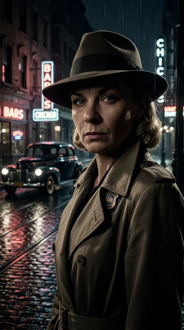 Cinematic film still, 1950s film noir aesthetic, Chicago detective noir setting. A stunning femme fatale with the exact same facial features, maintaining her original identity, skin tone, and body proportions. She is dressed in a sophisticated vintage silhouette: a tailored dark trench coat with a popped collar and a silk scarf. She stands under the dim, flickering neon lights of a rainy Chicago street at night. Moody, high-contrast chiaroscuro lighting with deep shadows and sharp highlights. Soft volumetric fog and misty atmosphere. The background features blurred wet cobblestones, a vintage black sedan, and glowing street lamps. Captured on 35mm film, heavy grain texture, authentic analog photography look, muted cinematic color palette, highly detailed textures of fabric and raindrops. No digital smoothing, no airbrushing, hyper-realistic photographic quality, masterpiece.