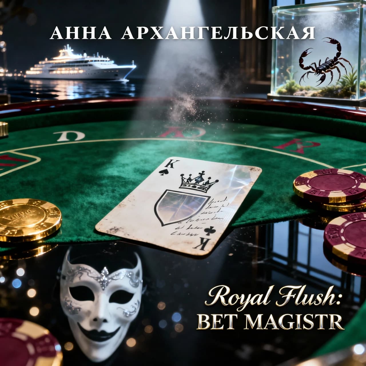 Premium A5 book cover for a detective thriller, vertical orientation. Cinematic realism, hyper-detailed photorealism. 

Composition: A macro close-up shot of a professional poker table covered in deep emerald-green felt. In the center, a single, slightly worn playing card—a "White King" without a suit, featuring a minimalist crown contour and an empty shield. The card is textured, with faint, handwritten script visible through the paper as light bleeds through it. Beside the card lie two or three high-end casino chips and a sharp, thin crack of light cutting through the darkness, like a focused spotlight. 

In the polished, dark reflection of the table's surface, there is a ghostly, sophisticated white masquerade mask and the blurred, bokeh lights of Monte Carlo. In the upper corner, subtly out of focus behind frosted glass, a small, elegant terrarium reveals the faint, non-grotesque silhouette of a scorpion. In the far distance, visible through a window, a magnificent, glowing modern cruise liner glides on the dark sea.

Atmosphere: Cold luxury, intellectual tension, and an impending sense of threat. A light haze hangs in the air with microscopic dust particles dancing in a single dramatic light beam.

Color Palette: Deep obsidian black, rich emerald green, polished gold, subtle blood-burgundy accents, and sharp silver highlights.

Typography (Russian language only):
Top: "АННА АРХАНГЕЛЬСКАЯ"
Королевский флеш:
СТАВКА МАГИСТРА