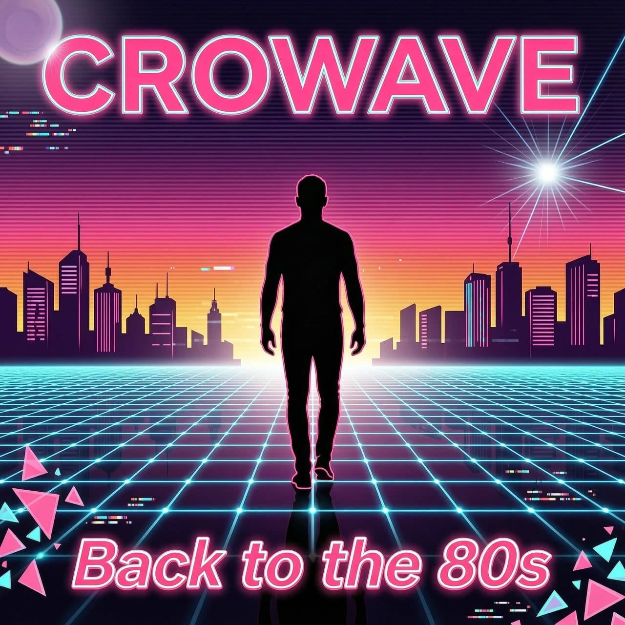 Album cover art for a Pop Dance track titled "Back to the 80s" by the group "CROWAVE". Retro-futurism aesthetic, a glowing neon silhouette of a man walking towards a vibrant retro synthwave sunset. Cyberpunk grid landscape. Neon pink, laser cyan, and deep purple colors. Without any text or various logos, except for the track title. with bold neon text "CROWAVE" at the top and "Back to the 80s" at the bottom. VHS glitch texture, 1980s MTV style, synthpop vibe, nostalgic disco ambiance, high resolution, cinematic lighting, ultra-detailed --ar 1:1