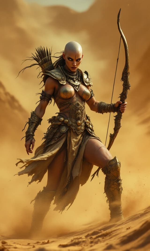 In full height! Evil fierce female warrior-slaver from a warlike desert tribe, bald woman with weathered skin and intense gaze, wearing primitive hand-forged bronze armor with ornate engravings and patina, wielding a heavy bow, captured in a dynamic combat stance, mid-action movement. Background of a vast, scorching sun-drenched desert with swirling sand dunes and heat haze. Lighting: dramatic golden hour sunlight, high contrast, harsh shadows, rim lighting highlighting the muscles and metallic texture. Composition: low angle shot, heroic scale, shallow depth of field with blurred desert horizon. Artistic medium: epic fantasy concept art, highly detailed textures of scratched metal and gritty sand, 8k resolution, volumetric dust particles, intense and primal atmosphere. In full height! Half turned!