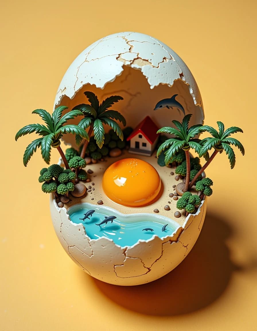 A masterpiece,  in the style of the 1980s, with bold lines, dynamic strokes and rich textures, on background with a touch of nostalgia, perhaps with subtle drawings inspired by cellulose and vintage, worn textures similar to paper,oil painting, The eggshell of an egg opened from top to bottom, looking down, bird's eye view, with an island, sea water, palm trees, beach, dolphins, houses, clouds, macro lens, miniature model, solid color background, clean background, high resolution photography, soft light and shadow, product design inspiration, natural lighting, overhead perspective, miniature food photography, minimalism, surrealism
