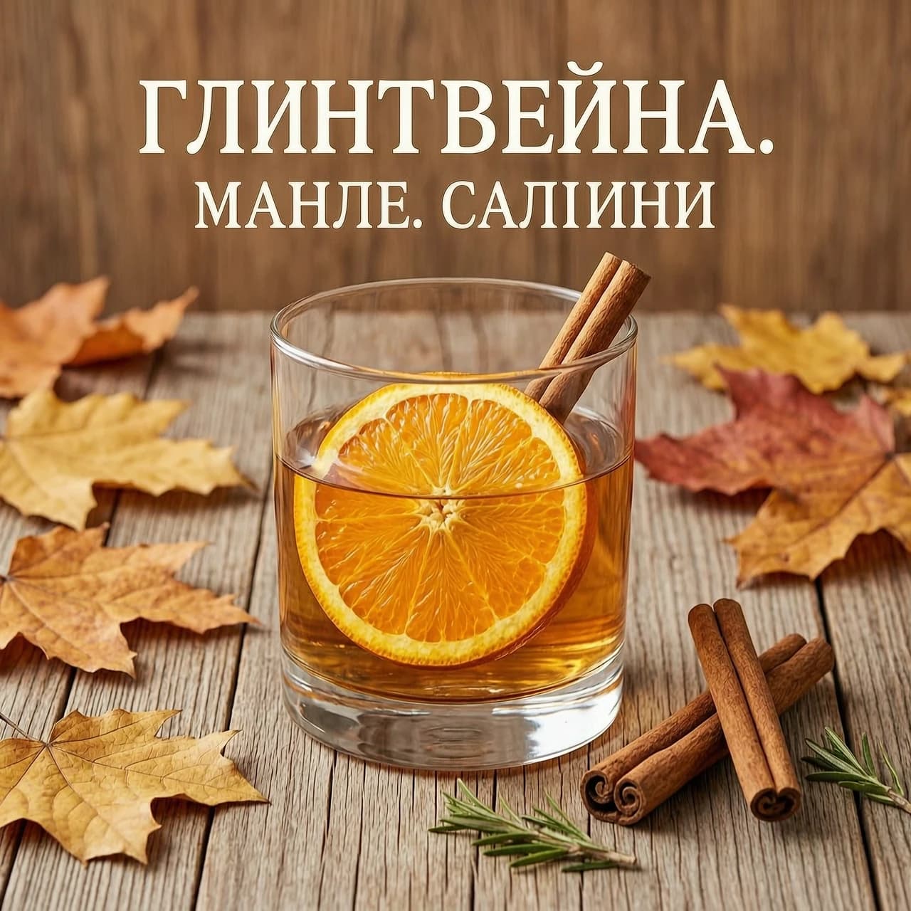 Сделай картинку для меню глинтвейна в стакане без ручек с долькой апельсина внутри без палки корицы и бадьяна в нутрии стакана, рядом палочка корицы бадьян, без палок ёлки, в осеннем стиле
