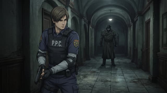 Resident Evil (Франшиза), Леон Кеннеди в полицейской форме, держит пистолет, на фоне коридора полицейского участка и Мистера Икс, стиль аниме с реалистичными деталями