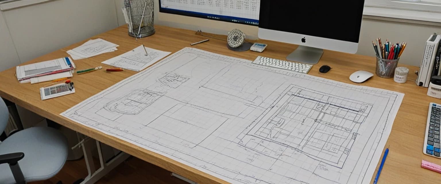 Photorealistic, frontal view of a clothing pattern design bureau. Foreground: a matte white desk with neatly arranged paper sewing patterns, transparent plastic drafting rulers (lecalas), technical flat sketches, graphite pencils, and a metal ruler. In the left corner of the desk, a modern COMPUTER with a large monitor showing CAD software displaying a 3D flattened pattern piece for a coat. Background (heavily blurred with bokeh): a metal clothing rack holding finished garment samples (a classic coat and two dresses), as well as finished paper patterns hanging on hangers. Lighting: soft directional light from the top-left (daylight, 5000K) highlighting the texture of the paper and plastic, with no glare on the monitor screen. Shallow depth of field, focus on the table with patterns and the COMPUTER.