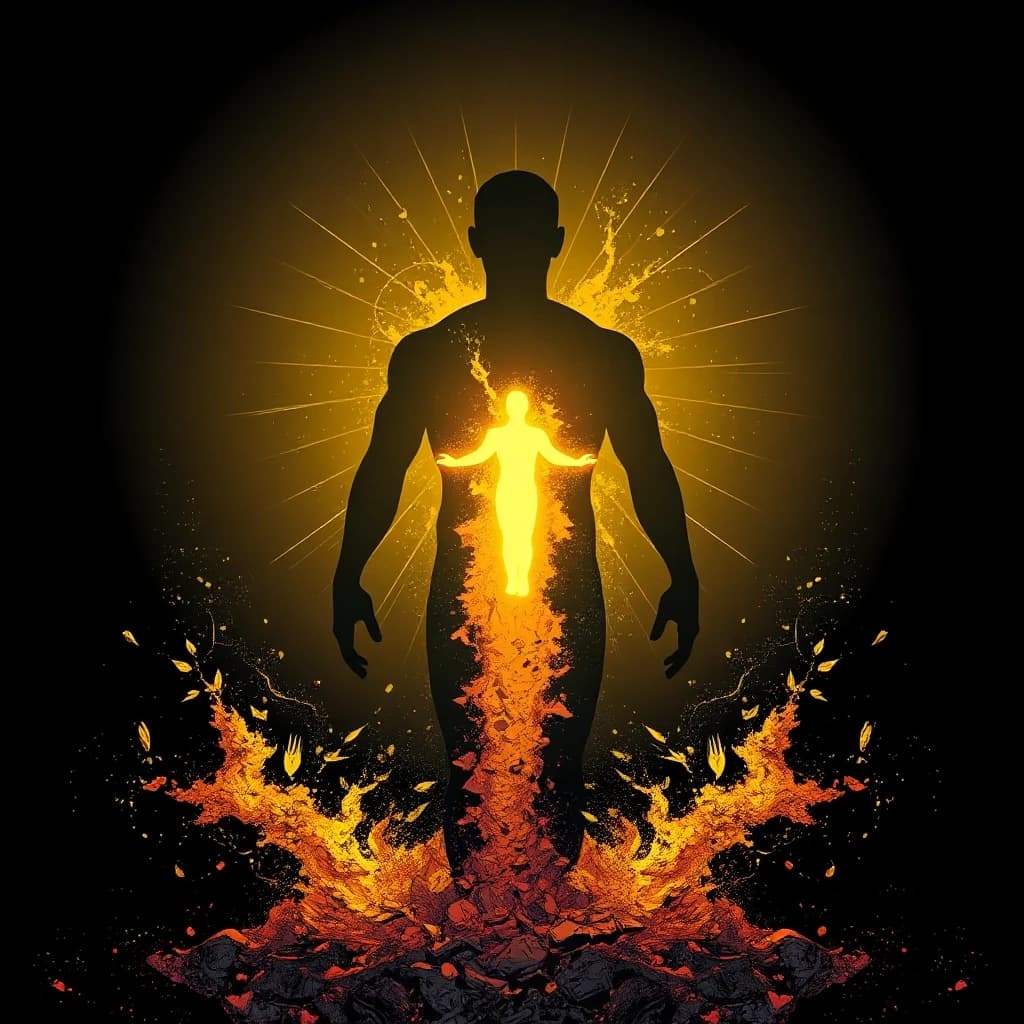 A human silhouette crumbling into golden dust, revealing a glowing spiritual form beneath, comic book style with cinematic dramatic lighting, dark graphic novel aesthetic, bold black outlines, no text, no words, 4k