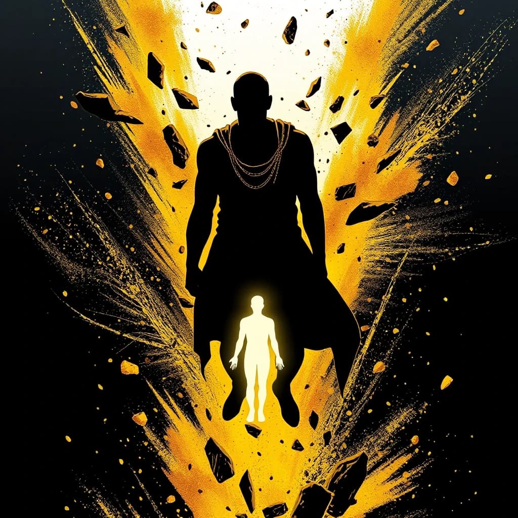 A human silhouette crumbling into golden dust, revealing a glowing spiritual form beneath, comic book style with cinematic dramatic lighting, dark graphic novel aesthetic, bold black outlines, no text, no words, 4k