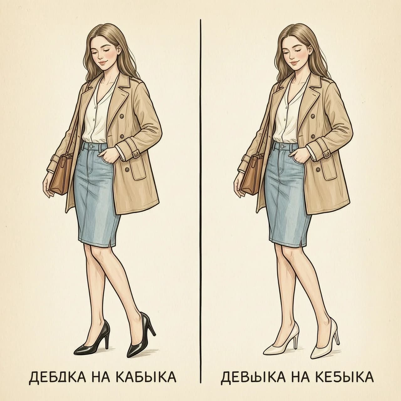 Нарисуй сравнение образа девушки на каблука и без