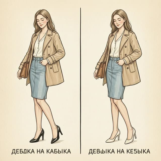 Нарисуй сравнение образа девушки на каблука и без