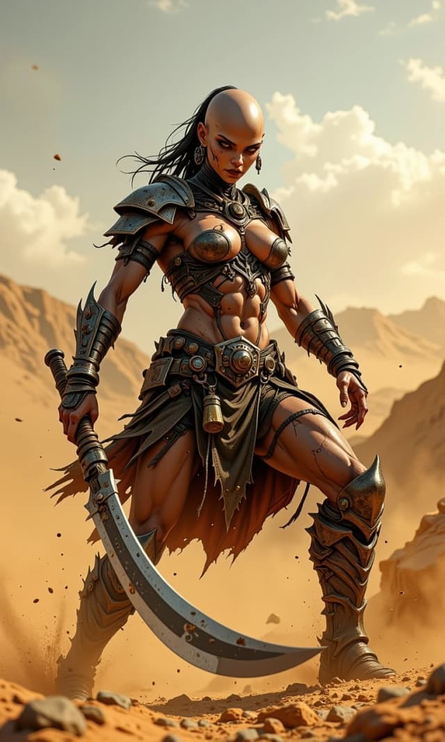 A muscular grey-skinned orc-like creature with weathered, leathery skin and rugged features, wielding a massive, notched, and battle-worn heavy axe. The creature is captured in a powerful, dynamic combat stance, twisting slightly in a three-quarter view towards the viewer. The setting is a vast, desolate rocky desert under a harsh, cinematic sun, with swirling dust, jagged sandstone formations, and scattered debris. Dramatic low-angle composition to emphasize the creature's imposing presence. High-detail fantasy concept art style, reminiscent of digital oil painting with thick, expressive brushstrokes. Intense, high-contrast lighting with deep shadows and bright highlights on the creature's anatomy, creating a gritty, epic, and fierce atmosphere. Hyper-realistic textures on the rusted metal of the axe and the coarse skin of the beast.