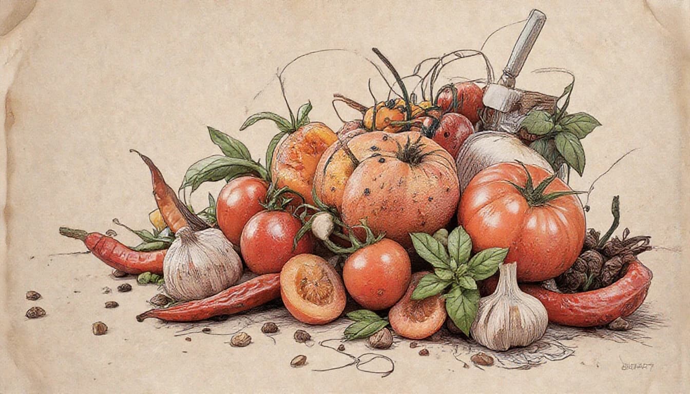Фронтальный вид  с боку. Старая бумага.  Tomatos, basilik, чили перец, чеснок, пряности, специи.
