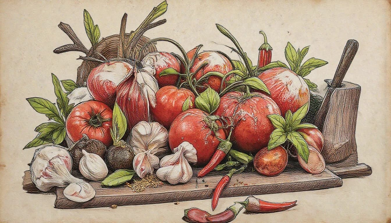 Фронтальный вид  с боку. Старая бумага.  Tomatos, basilik, чили перец, чеснок, пряности, специи.