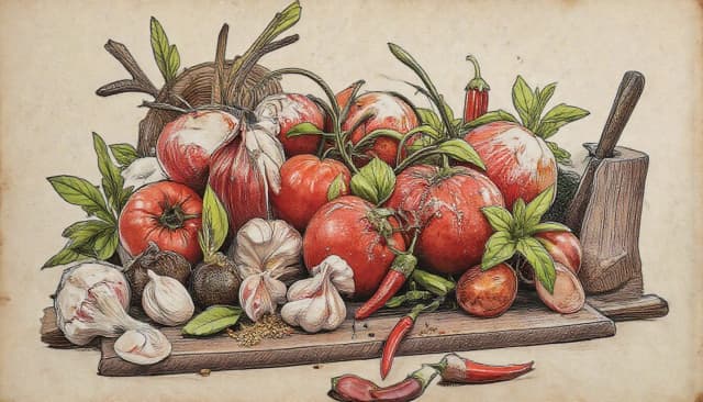 Фронтальный вид  с боку. Старая бумага.  Tomatos, basilik, чили перец, чеснок, пряности, специи.