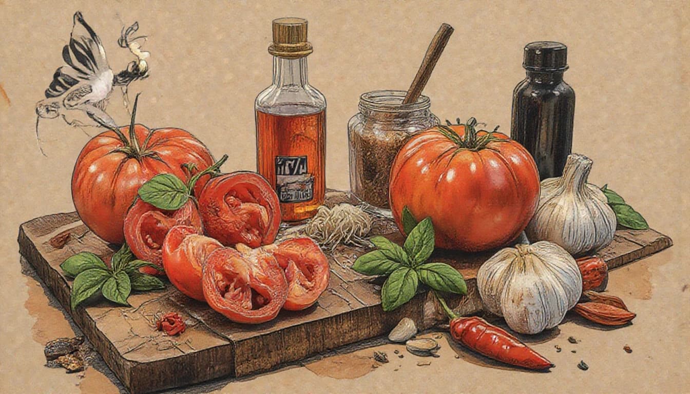 Фронтальный вид  с боку. Старая бумага.  Tomatos, basilik, чили перец, чеснок, пряности, специи.