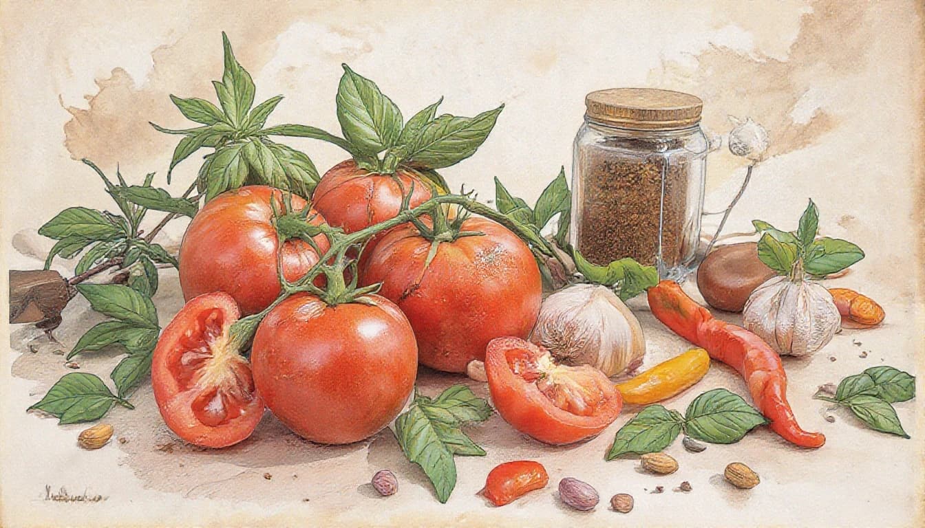 Фронтальный вид  с боку. Старая бумага.  Tomatos, basilik, чили перец, чеснок, пряности, специи.