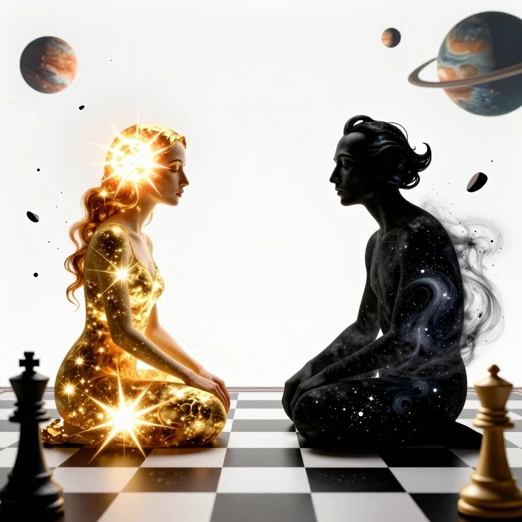A surreal, high-concept 8k masterpiece. Two cosmic entities, one composed of blinding solar gold and white light, the other of deep void-black and swirling nebulae, facing each other across a floating chessboard made of stardust and galaxies. They are seated in a vast, infinite white void. The composition is a symmetrical wide shot, emphasizing the balance of power. Their expressions are not of hate, but of profound, weary understanding and mutual respect. Around them, fragments of shattered planets float like frozen debris. Lighting is a stark contrast between the gold radiance and the obsidian dark. Shot in a style blending Salvador Dalí's surrealism with modern digital hyper-realism, ethereal atmosphere, cosmic scale, extreme detail on the textures of light and void.