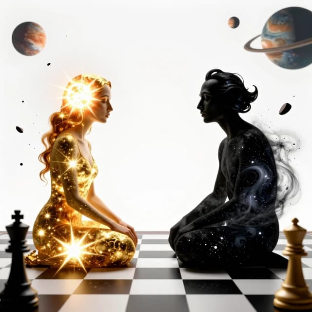 A surreal, high-concept 8k masterpiece. Two cosmic entities, one composed of blinding solar gold and white light, the other of deep void-black and swirling nebulae, facing each other across a floating chessboard made of stardust and galaxies. They are seated in a vast, infinite white void. The composition is a symmetrical wide shot, emphasizing the balance of power. Their expressions are not of hate, but of profound, weary understanding and mutual respect. Around them, fragments of shattered planets float like frozen debris. Lighting is a stark contrast between the gold radiance and the obsidian dark. Shot in a style blending Salvador Dalí's surrealism with modern digital hyper-realism, ethereal atmosphere, cosmic scale, extreme detail on the textures of light and void.
