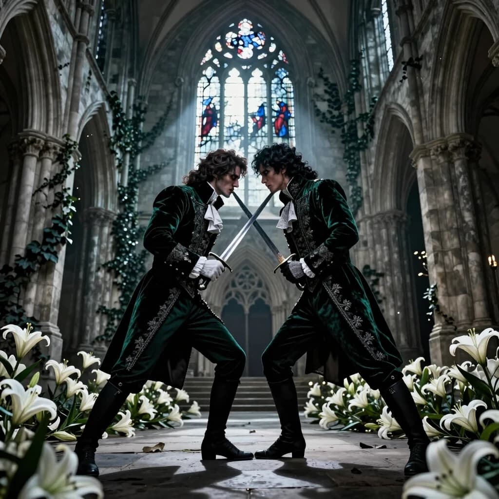 A cinematic neo-gothic noir scene, 8k RAW. Two rival swordsmen in ornate, tattered Victorian velvet uniforms, locked in a deadly stalemate in the ruins of a colossal gothic cathedral. Their rapiers are crossed in a sharp X, sparks flying from the steel. They are standing so close that their foreheads almost touch, eyes locked in a gaze of intense hatred and unspoken recognition. The environment is moody and atmospheric: crumbling grey stone arches, overgrown dark ivy, and thousands of white lilies covering the floor. Lighting: a single, dramatic shaft of pale moonlight piercing through a broken stained-glass window, creating high contrast and deep, velvety shadows. Shot on Arri Alexa, low angle, moody color palette of deep emerald, silver, and charcoal, extreme tension, tactile textures of fabric and cold steel.