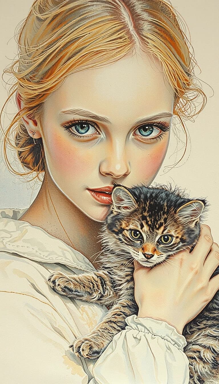 Watercolor painting is a true masterpiece of graphic style. ((Aesthetics: Cottage cor. An image of a beautiful sweet young woman with a fluffy kitten in her arms.)). Intense close-up. High resolution. High quality. Increased attention to small details. Hyperrealistic surrealist style, impressionism. Increased attention to the smallest details and texture. The author is Auguste Renoir.