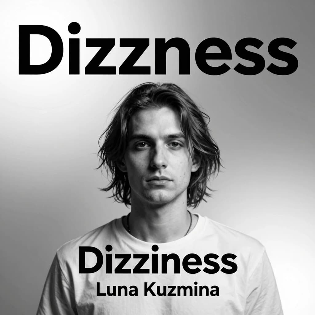 Обложка к треку в стиле drum n bass "Головокружение" Исполнительницы электронной музыки с помощью нейросетей под псевдонимом Luna Kuzmina. На картинке также должен быть текст с псевдонимом и названием трека
