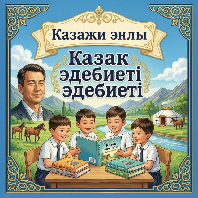 Create a vertical children’s literature book cover in a bright, colorful, semi-realistic painterly illustration style, matching a premium Kazakh school library book cover.

At the top, place a large elegant cream-colored decorative banner with golden Kazakh ornamental patterns. Write the author’s name in large dark navy-blue serif letters.

In the center, place the title of the literary work in very large, bold, dark navy-blue letters with a soft white outline and subtle golden decorative elements around it.

Include a realistic artistic portrait of the author on the left side, integrated naturally into the illustration.

In the foreground, show 4–5 cheerful young Kazakh schoolchildren, elementary-school age, wearing neat white shirts and dark school uniforms, sitting around a wooden table and happily reading the featured book together. The children should look friendly, curious and interested in reading.

The featured book should be clearly visible in the children’s hands, with its title written on the cover.

Background: beautiful bright blue sky with soft white clouds, green trees, Kazakh mountains, river, traditional Kazakh village, white yurt and horses, creating a warm connection to Kazakh culture and literature.

Add several colorful books stacked on the table with Kazakh educational words such as “Қазақ әдебиеті”, “Балалар әдебиеті”, “Оқы да ойлан”.

Add a blue-and-gold traditional Kazakh ornamental frame along the left and bottom edges. Use rich blue, turquoise, green, gold, cream and warm brown colors.

The overall composition should look like a professional illustrated school library book cover, warm, educational, magical and inviting for children. High detail, polished digital painting, beautiful lighting, clean composition, realistic expressive faces, high resolution, vertical 2:3 format.

IMPORTANT: All Kazakh text must be spelled correctly and clearly readable.